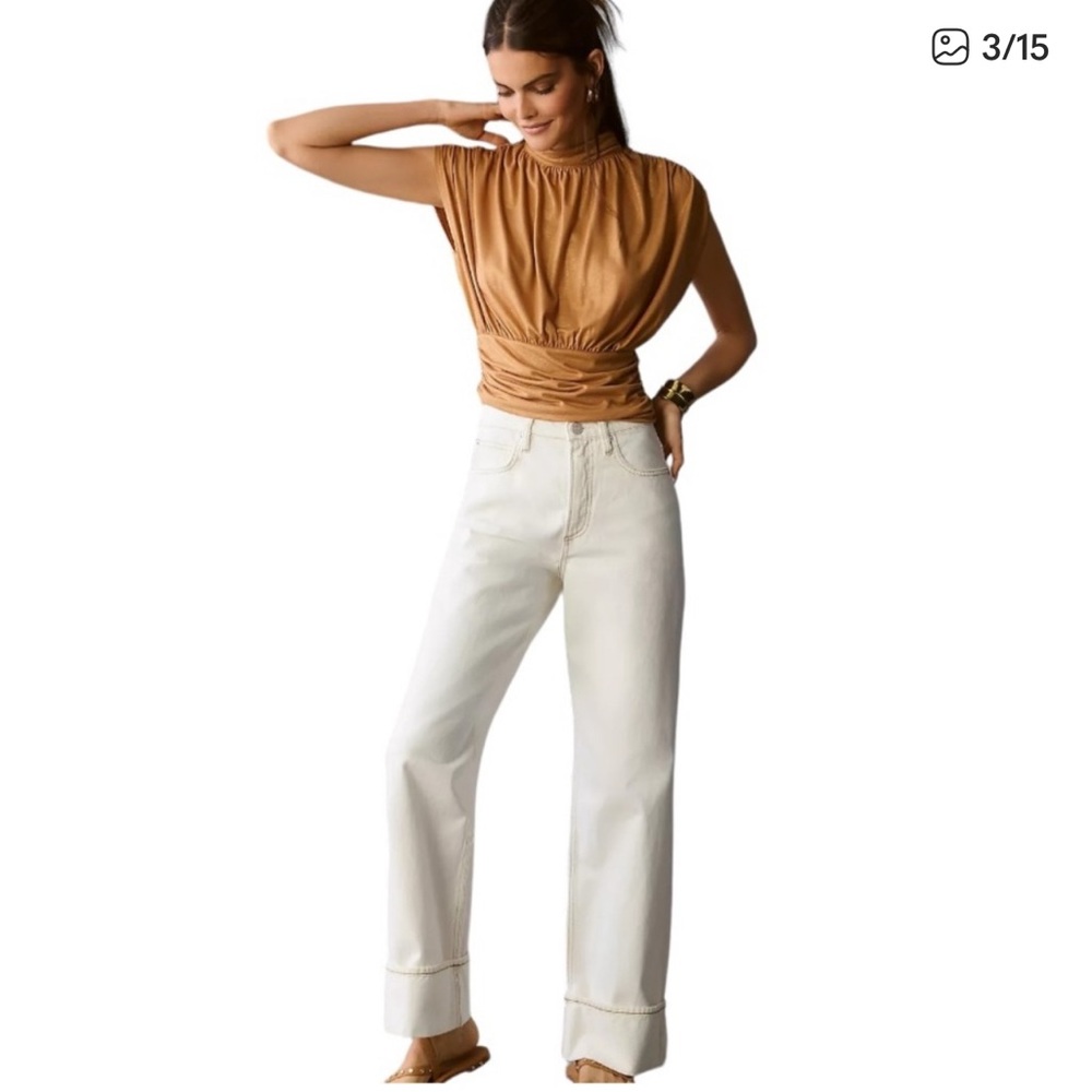 Anthropologie Maeve Ruched Metallic Muscle Tee Women’s Small in tan/gold - Picture 2 of 14